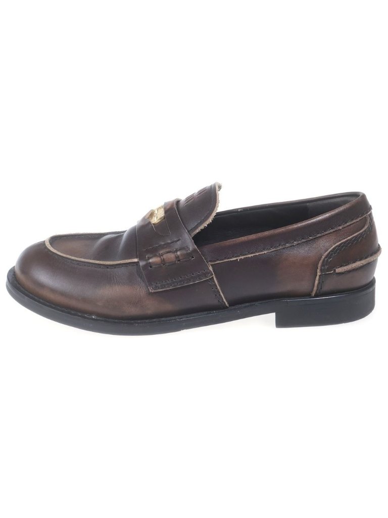 Miu Miu Coinpenny Leather Mule Gold Loafers Brown 37